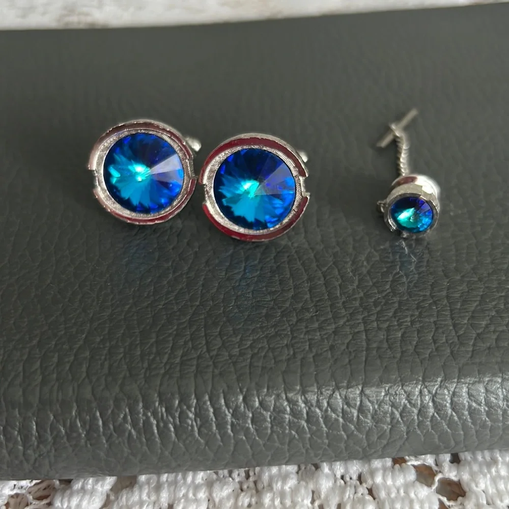 Vintage Dante ocean blue ravioli crystal cuff links & collar pin
